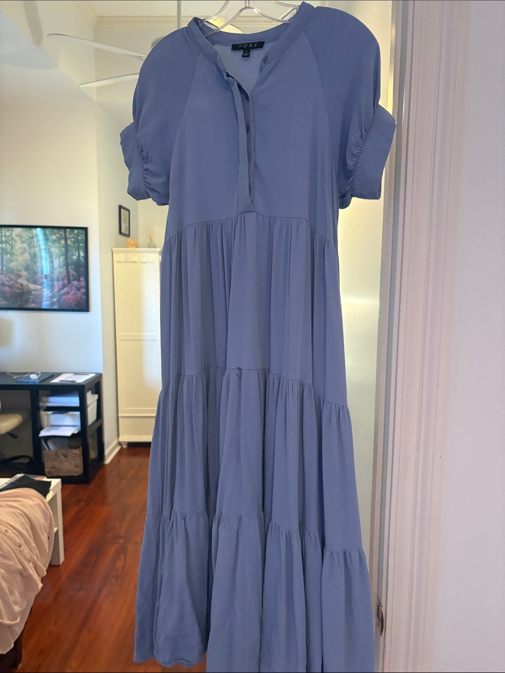 Light Blue Tiered Maxi Dress with Short Puff Sleeves